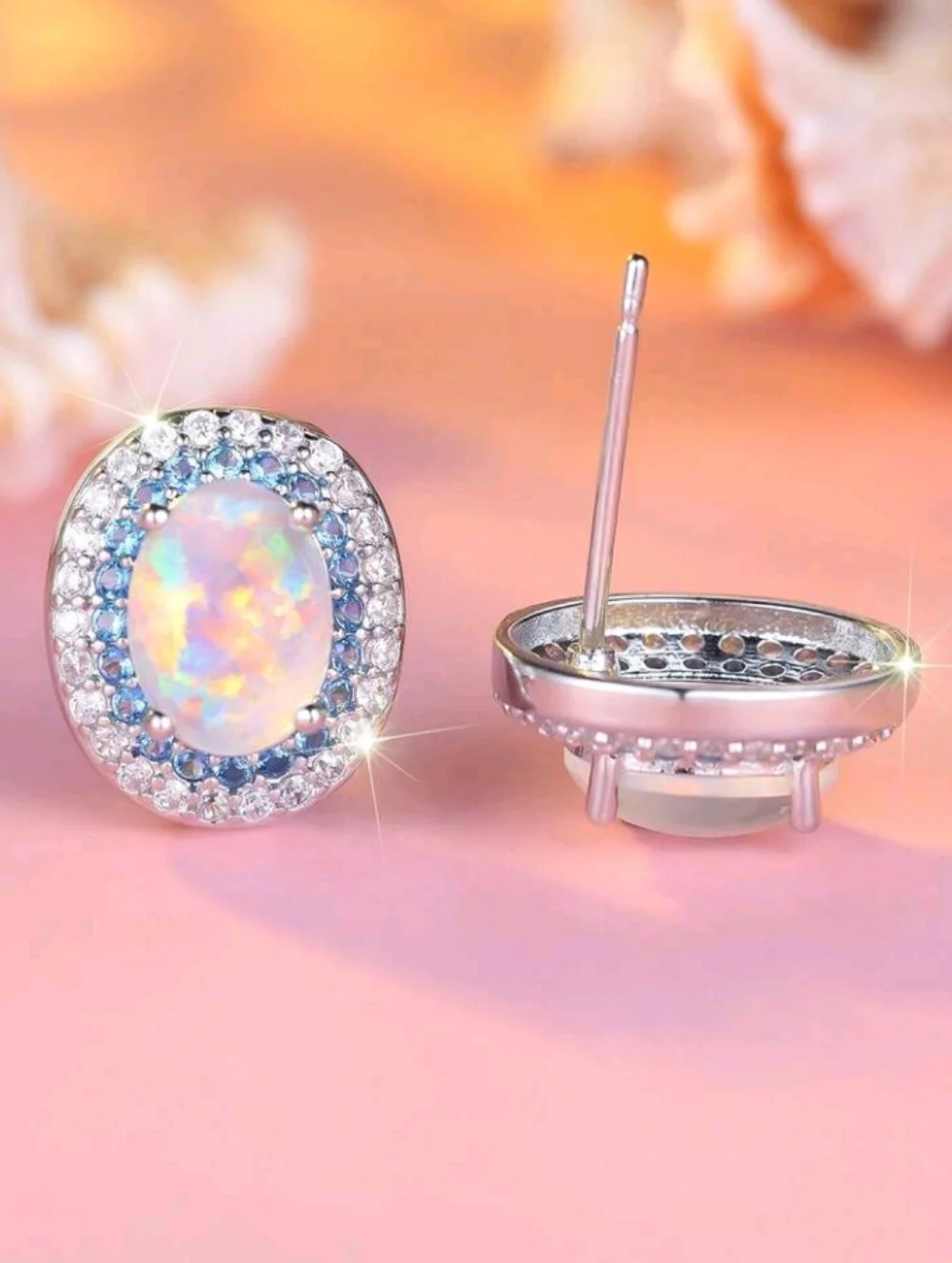 Dainty Opal Halo Iridescent Stud Earrings Iridescent Opal & Blue Clear Accents